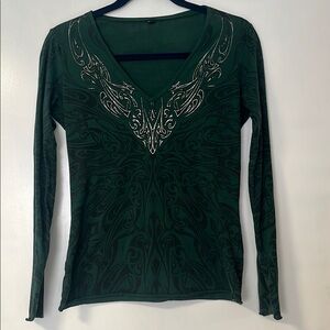Tahari Green Embellished Long Sleeve Blouse